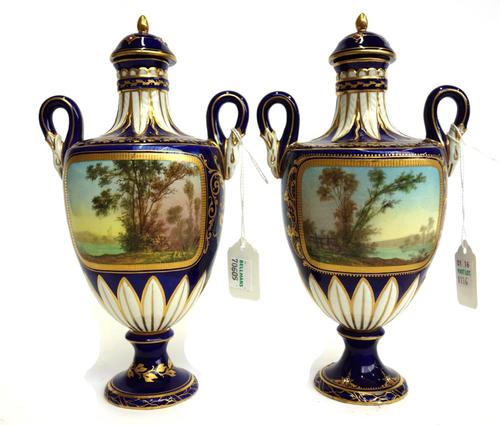A matched pair of Sevres style porcelain vases and covers, late 19th century, each of two handled urn form, painted with varying scenes to both sides,