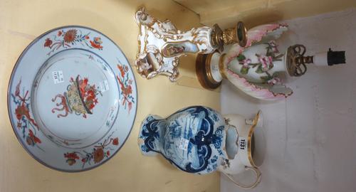 A 19th century jug, bat printed with a hunting scene, 15cm high, a Chinese 18th century  porcelain plate, a Copeland & Garrett porcelain candlestick t