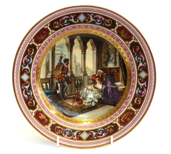A Vienna style cabinet plate, late 19th century, titled 'Othello und Desdemona', decorated as per the title within a gilt foliate and multicoloured wi