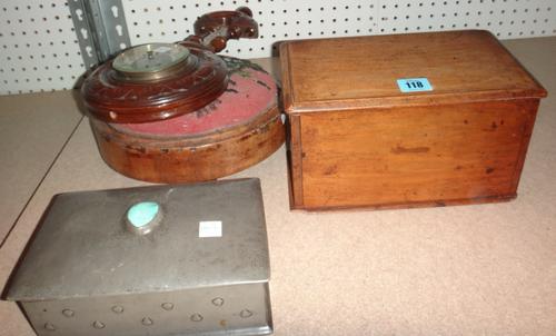 An Art Nouveau pewter cigarette box, a small walnut barometer, a bead work stool and a stationery box.