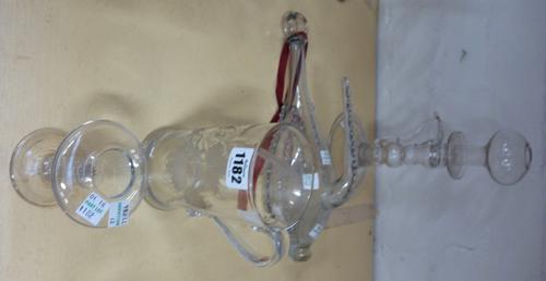 An English glass ale tankard, late 18th/early 19th century, engraved with hops and initialled 'J.C.E', 14cm high, a Continental flask with trailed dec