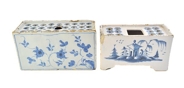 Two English delftware blue and white flower bricks, mid 18th century, the smaller on bracket feet, the sides painted with a Chinese building on an isl