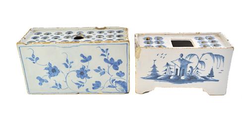 Two English delftware blue and white flower bricks, mid 18th century, the smaller on bracket feet, the sides painted with a Chinese building on an isl