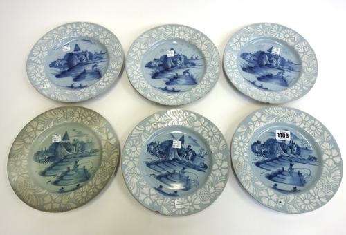 Six Bristol delftware blue and white plates, circa 1760, painted with a chinoiserie landscape with a figure fishing on an island inside a bianco-sopra