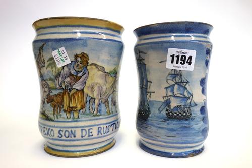 Two Naples style maiolica albarelli, late 19th/20th century, one blue and white painted with two ships at sea and a spurious date '1726', the second p