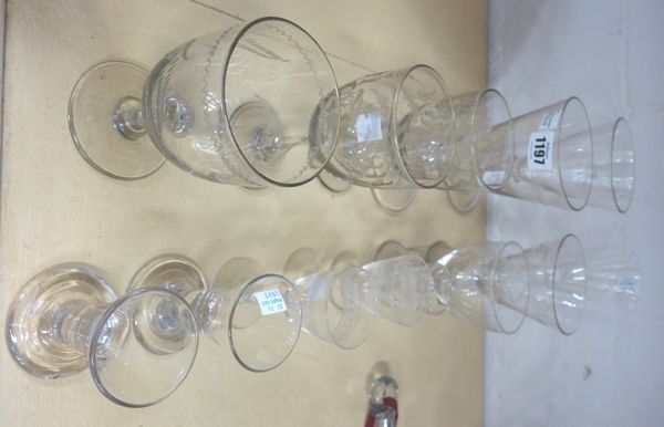 A quantity of mainly 19th century drinking glasses, including two with large conical bowls and knopped stems, 19.3cm high (13).