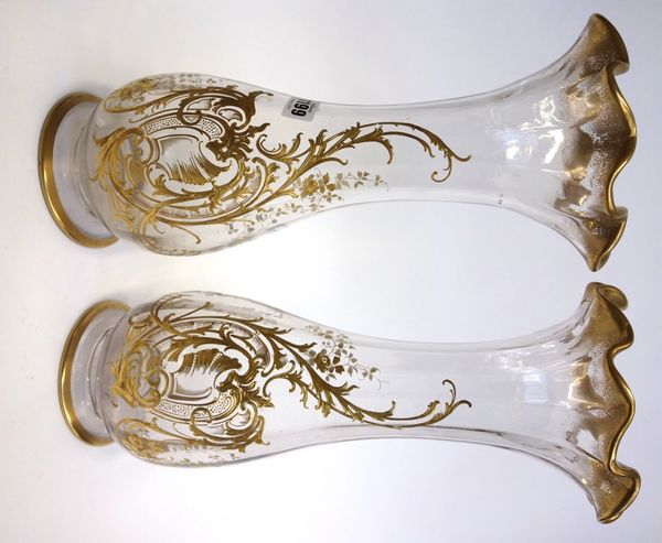 A pair of Legras/Mont Joye glass vases, early 20th century, gilt foliate decorated against a clear baluster ground, 40cm high (2).