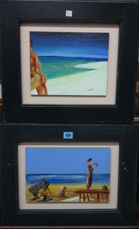 British School (late 20th century), Photographer on the shore; Nude on the shore, two, acrylic on board, both indistinctly signed, one dated '98.(2)