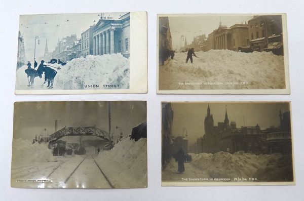 POSTCARDS -  Great Snow Storm, Aberdeen, December 1908; 11 cards (including 7 railway)  *  some with informative message, e.g. ' snow is falling again