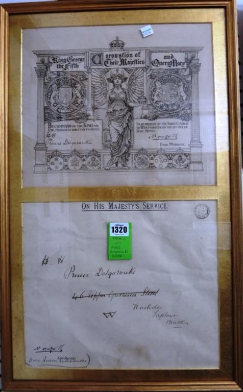 ROYAL INVITATION -  Coronation of Their Majesties King George the Fifth and Queen Mary; engraved pictorial invitation (from the Earl Marshal's office)