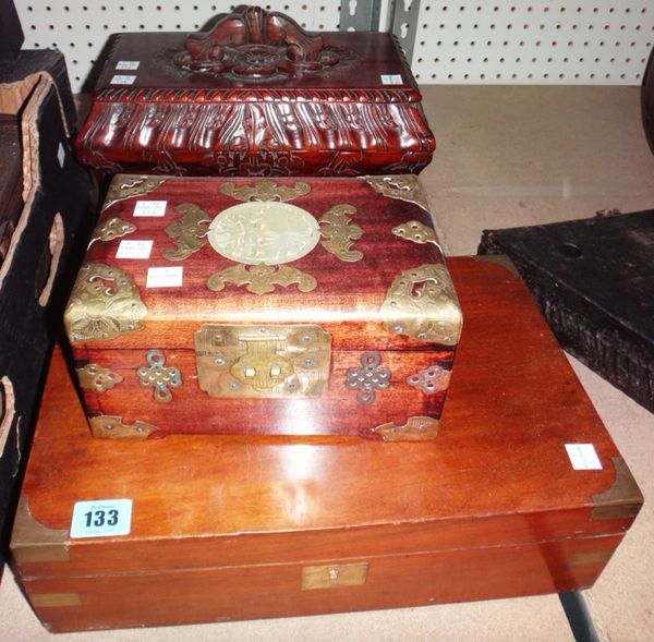 A mahogany and brass bound box, an Oriental metal bound box and an Oriental hardwood box (3).