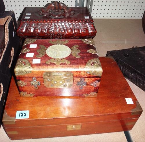 A mahogany and brass bound box, an Oriental metal bound box and an Oriental hardwood box (3).