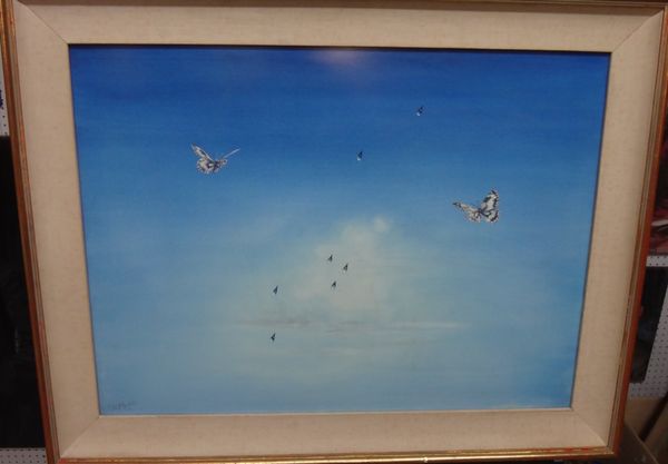 A group of assorted watercolours and prints, including Butterflies by Stuart Armfield; a ship in full sail in the style of Samuel John Milton Brown, a