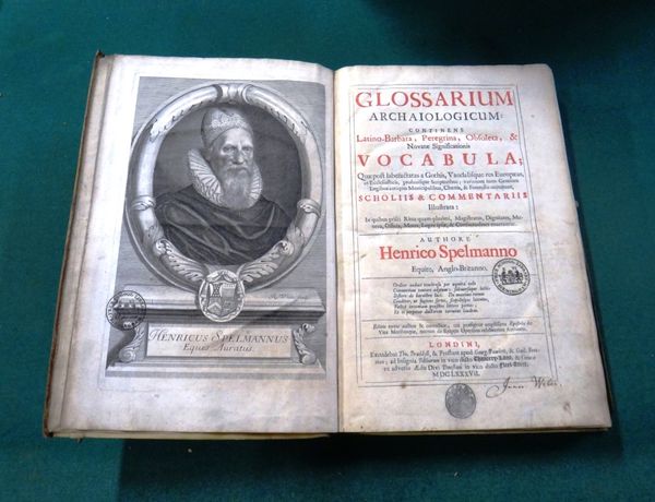 SPELMAN (H.)  Glossarium Archaiologicum . . .  3rd edition. portrait frontis.; old vellum, 4to. 1687.  *  this & the 9 following lots from the library