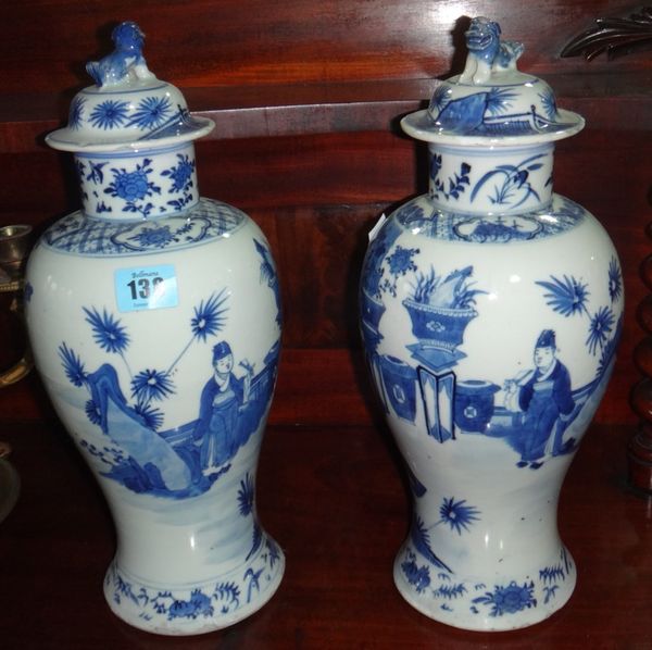 A pair of Oriental blue and white vases and a bowl.