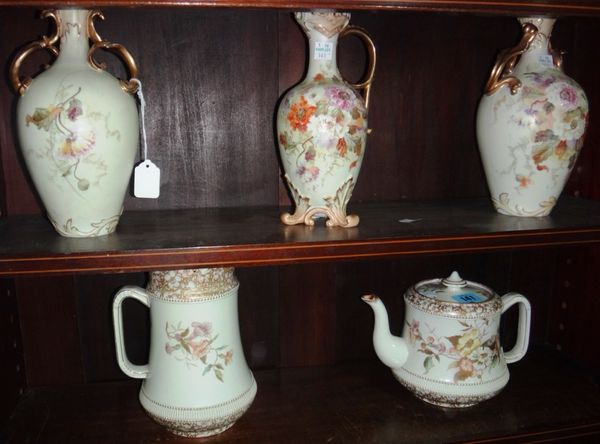 A Carlton Ware tea pot, a matching jug and three Worcester style vases.