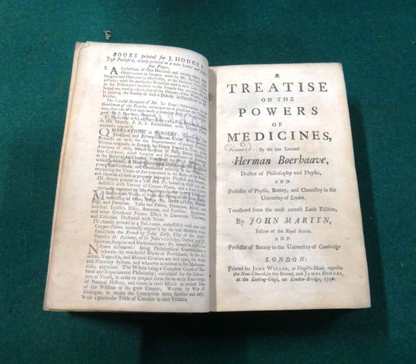 BOERHAAVE (H.)  A Treatise on the Powers of Medicines  . . .  translated from the most correct Latin edition, by John Martin  . . .  half title/advert