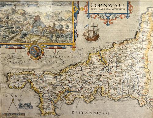 SAXTON / KIP series.  Cornwall  . . .  hand-coloured, 30 x 40cms. cartouche title, inset view of Launceston Castle, township & surrounding country, sh