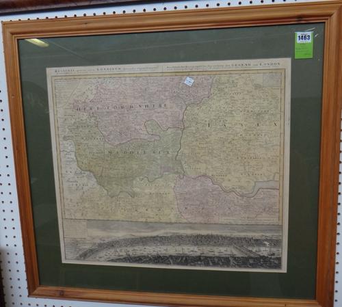 J.B. HOMANN  - Regionis Londinum quae est circa Londinum  . . .  hand-coloured, 51 x 56cms. with panorama of the city along lower border, extends: Lut