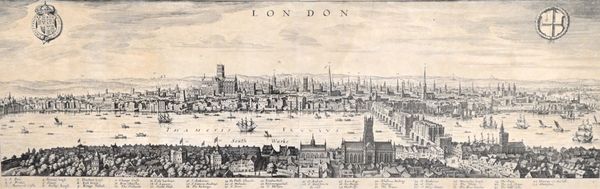 Merian MATTHAUS -  London (copper-engraved bird's-eye view). 22 x 69cms., royal & city arms, 3 line key (to 43 named locations) along lower margin. ex