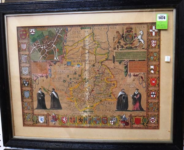 John SPEED - Cambridgeshire described  . . .  hand-coloured, 39 x 52cms. inset plan of Cambridge, figures in academical robes, royal arms, side & lowe