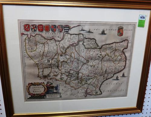 Johannes BLAEU  - Cantium venacule Kent.  hand-coloured, 39 x 54cms., decorated, pictorial cartouche title, armorials along upper border & ships at se