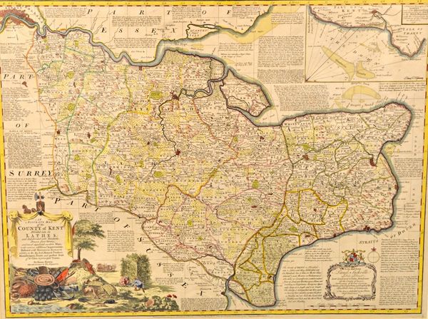 Emanuel BOWEN - An Accurate Map of the County of Kent. Divided into its Lathes  . . .  hand-coloured, 55 x 72cms. attractive pictorial title & dedicat