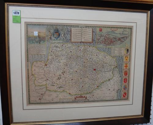 John SPEED - Norfolk  . . .  hand-coloured, 40 x 52cms. engraved title, armorials, & engraved insets (plan of Norwich & Kett's Rebellion). by J.S. & G