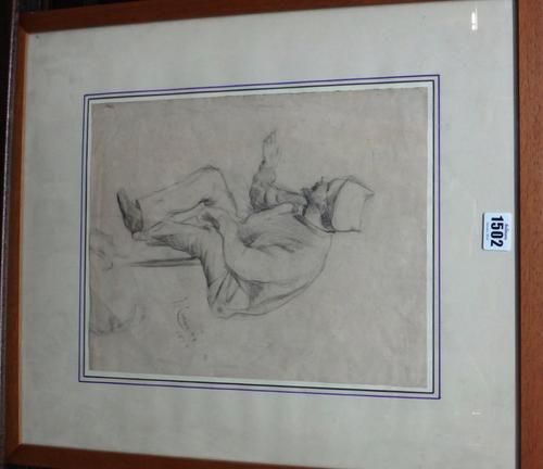 Jose Cusachs y Cusachs (1851-1908), Seated Figure, possibly a Spanish soldier,  pencil, signed and dated 1894, 32cm x 25.5cm.