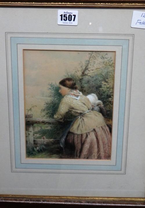 Follower Myles Birket Foster, Girl at a stile, watercolour, together with two further watercolours of a town scene and hop pickers by other hands. (3)