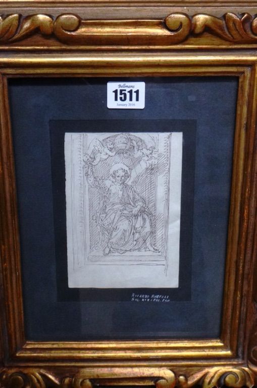 Ricardo Bucelli, Seated Saint Peter, pen and ink, 15cm x 10.5cm.