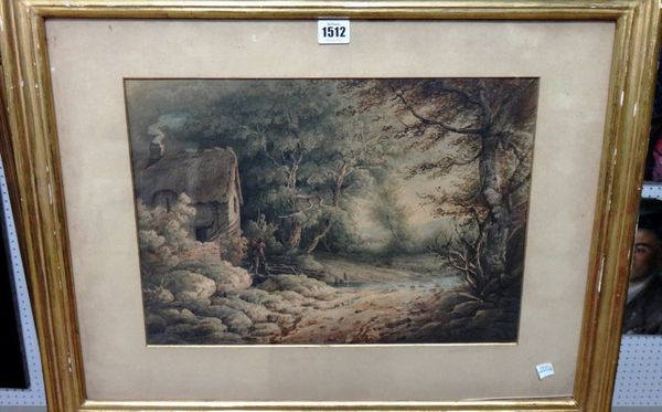 English School (19th century), Riverside cottage in the woods, watercolour, 30cm x 42cm.