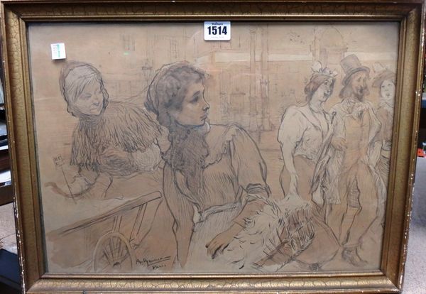 Anselmo de Guinea (1855-1906), Figures in a Market, pen, ink and sepia wash, signed and inscribed Paris, 32.5cm x 45cm.
