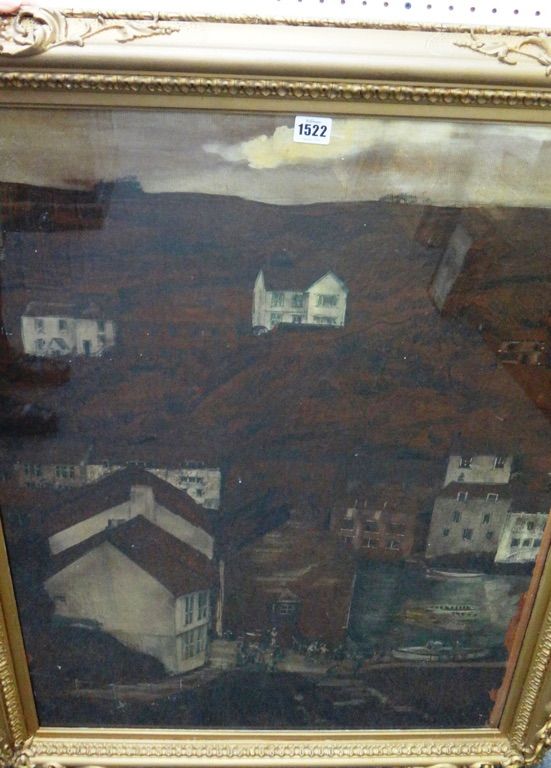 British School (20th century), Harbour Village, mixed media on brown paper, 81cm x 61cm.