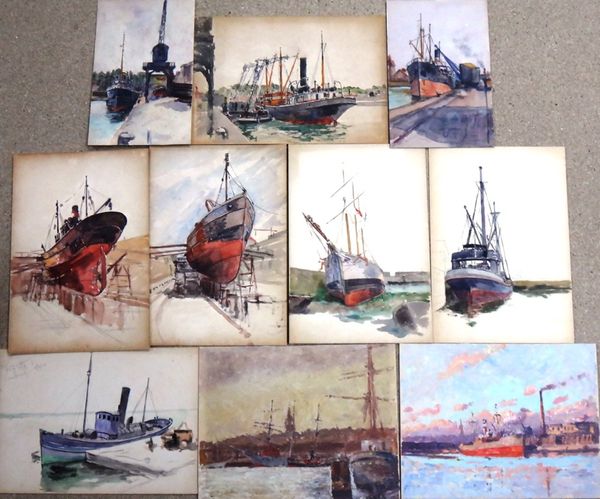 Alexander Brantingham Simpson (fl.1904-1931), Harbour and Dry Dock scenes, a group of eight watercolours and two oils, all unframed, various sizes.(10