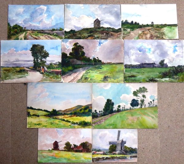 Alexander Brantingham Simpson (fl.1904-1931), Landscapes and landscapes with windmills, a group of ten watercolours, all unframed, various sizes.(10)