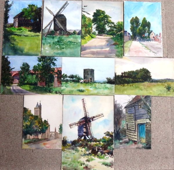 Alexander Brantingham Simpson (fl.1904-1931), Landscapes with barns, windmills and viaducts, a group of ten watercolours, all unframed, various sizes.