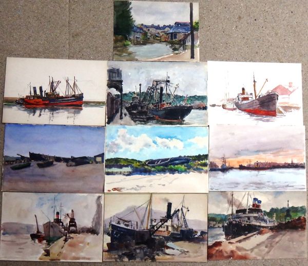 Alexander Brantingham Simpson (fl.1904-1931), Beached boats; Dock scenes; Harbour scenes, a group of ten watercolours, all unframed, various sizes.(10