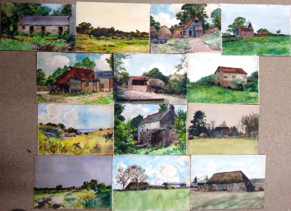 Alexander Brantingham Simpson (fl.1904-1931), Landscapes with animals and farm buildings, a group of thirteen watercolours, all unframed, various size