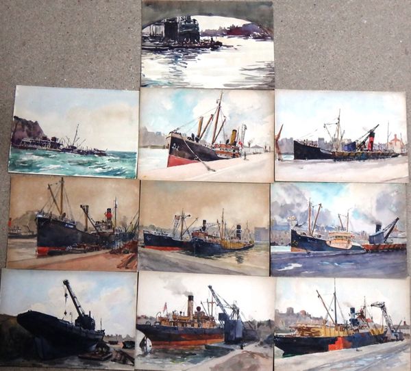 Alexander Brantingham Simpson (fl.1904-1931), Boats in dock and off the coast, a group of ten watercolours, all unframed, various sizes.(10)