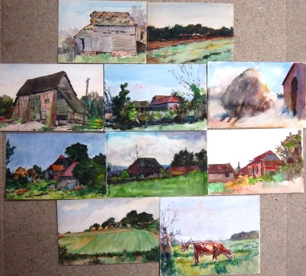 Alexander Brantingham Simpson (fl.1904-1931), Landscapes with animals and farm buildings, a group of ten watercolours, all unframed, various sizes.(10