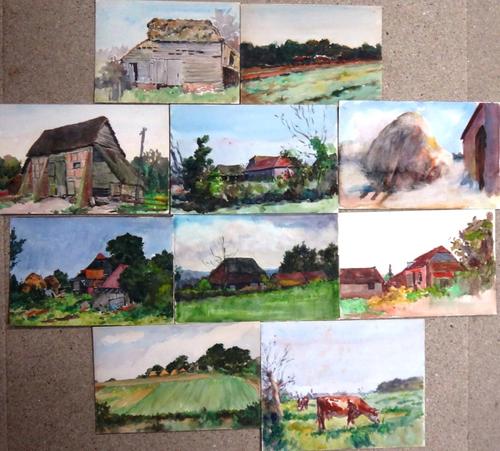 Alexander Brantingham Simpson (fl.1904-1931), Landscapes with animals and farm buildings, a group of ten watercolours, all unframed, various sizes.(10