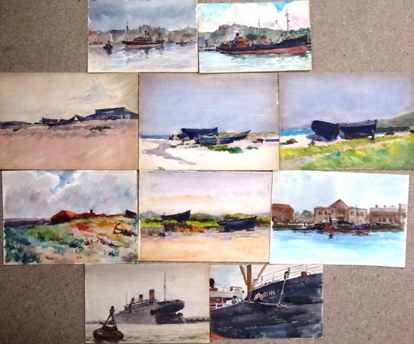 Alexander Brantingham Simpson (fl.1904-1931), Vessels in harbour; Beached boats, a group of ten watercolours, all unframed, various sizes.(10)