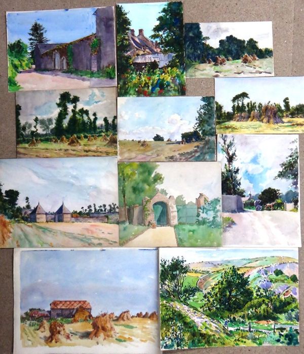 Alexander Brantingham Simpson (fl.1904-1931), Village scenes; Harvest landscapes, a group of eleven watercolours, all unframed, various sizes.(11)