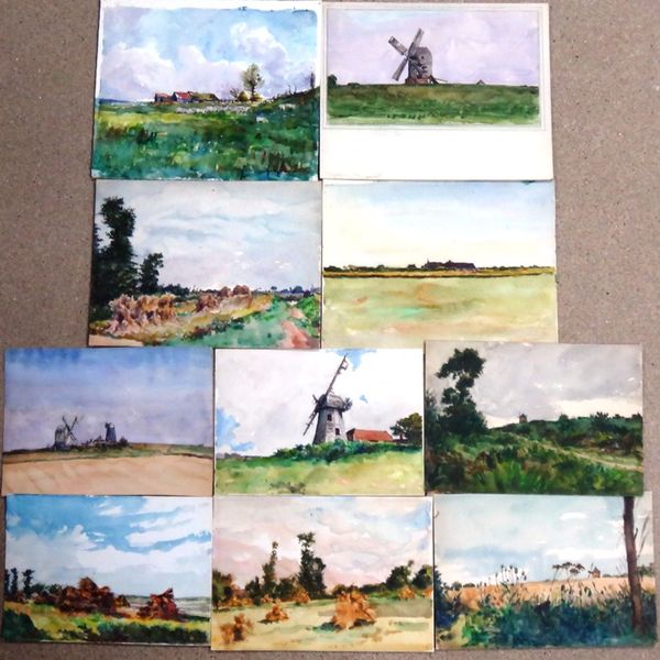 Alexander Brantingham Simpson (fl.1904-1931), Landscapes with windmills; Harvest landscapes, a group of ten watercolours, all unframed, various sizes.