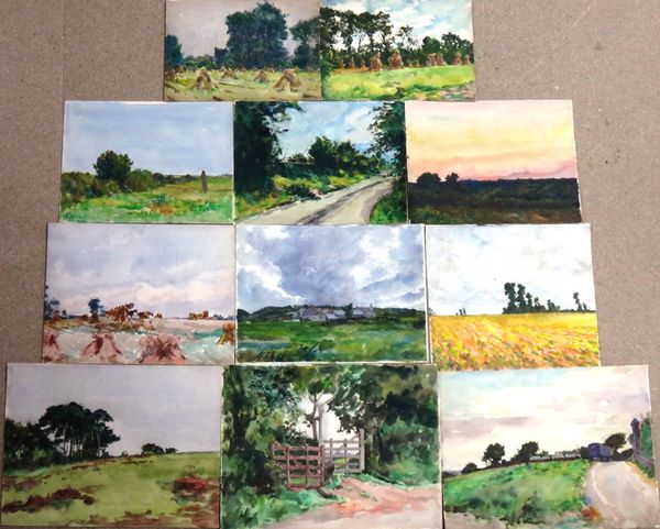 Alexander Brantingham Simpson (fl.1904-1931), Landscapes; Harvest landscapes, a group of eleven watercolours, all unframed, various sizes.(11)  Illust