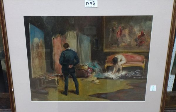 Alexander Brantingham Simpson (fl.1904-1931), Interior Scene with gentleman and undressed girl, oil on canvas board, signed with initials, 25.5cm x 33