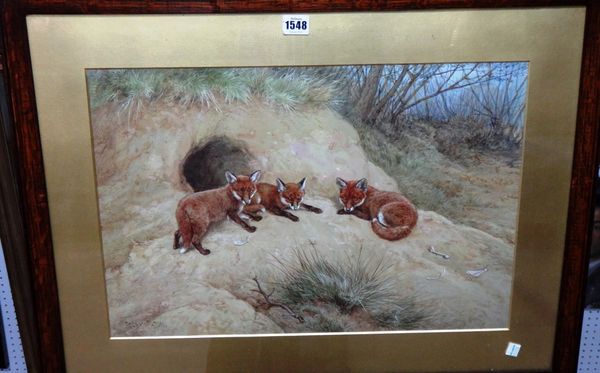 Frank Paton (1856-1909), Fox cubs outside a den, watercolour, signed, 35.5cm x 54cm.  Illustrated