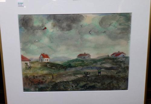 Harm Kammerlingh Onnes (1893-1985), Kite flying; Grazing Horses; Horse and cart; Winter scene, four watercolours, signed with initials, the larger pai