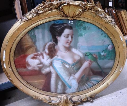 French School (19th century), A lady with a pet dog and a parrot; Lady feeding doves, a pair, pastel, oval, each 70cm x 89cm.(2)